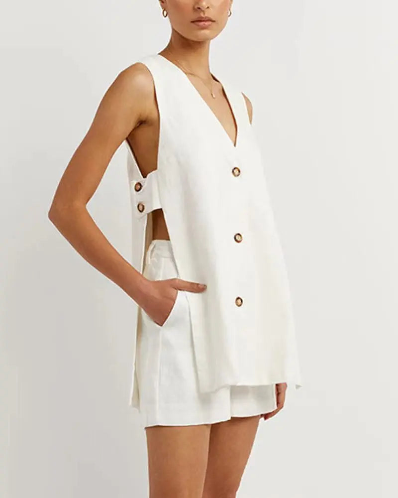 New 100% Cotton Women Suits 2 Pieces Sets V Neck Sleeveless Buttons Vest Blazer+High Waist Shorts Lady Office Tracksuit White CN