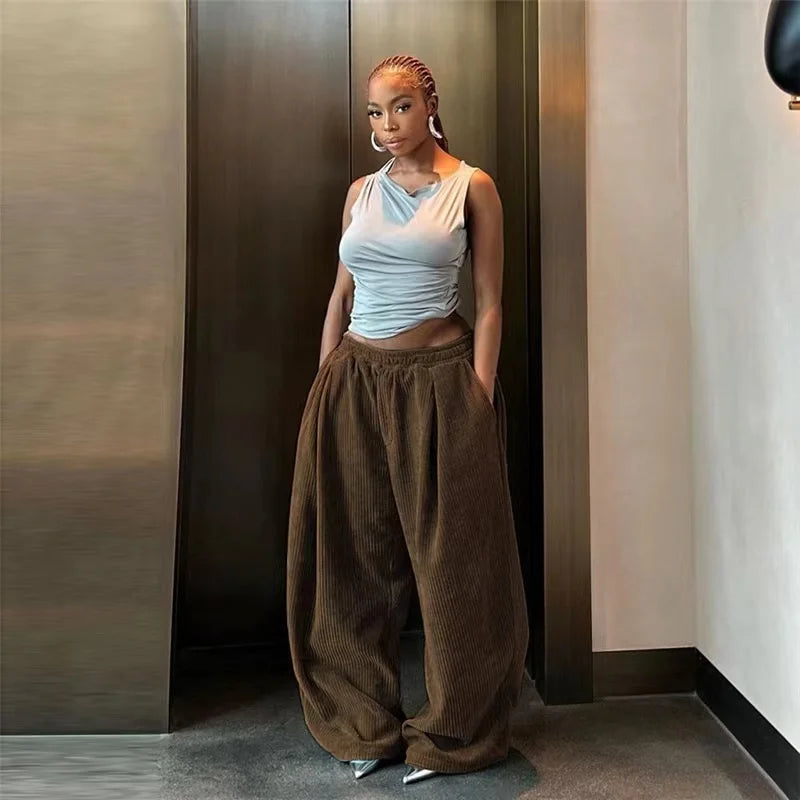 Autumn Winter Y2K Casual Wide-Leg Pants Women Loose Simple Basic Pocket High Waist Trouser Corduroy Streetwear Long Bottoms coffee CK63