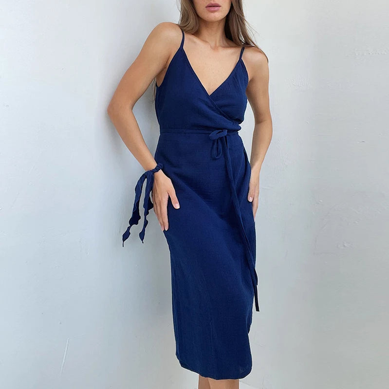 Vintage Women'S Dress 100% Cotton Crepe Gauze V-Neck Sleeveless Bandage Long Maxi Elegant Dresses For Women 54 dark blue CHINA