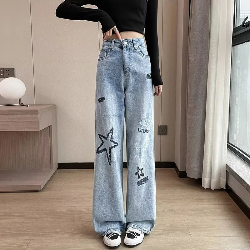 Y2K European and American women's light colored embroidered wide leg high waist straight leg loose mop jeans