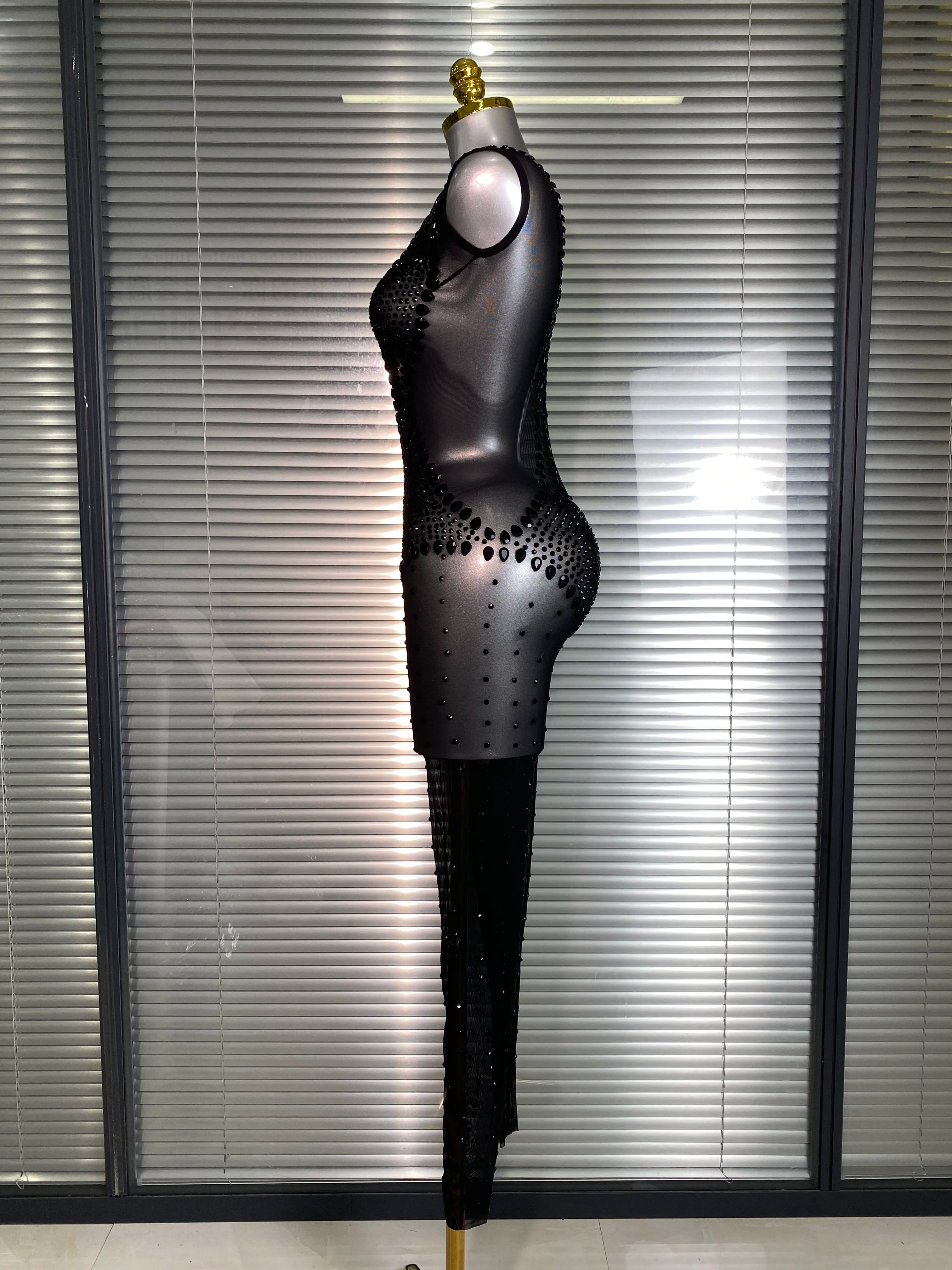 Summer New 2025 Women Sexy Crystal Sheer Black Bodycon Jumpsuit Celebrity Designer Dancer Celebrity Night Club Rompers