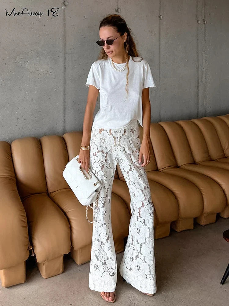 Mnealways18 Sexy Perspective White Flare Pants Summer Women Vacation High Waist Long Trousers Lace Beach Style Female Pants