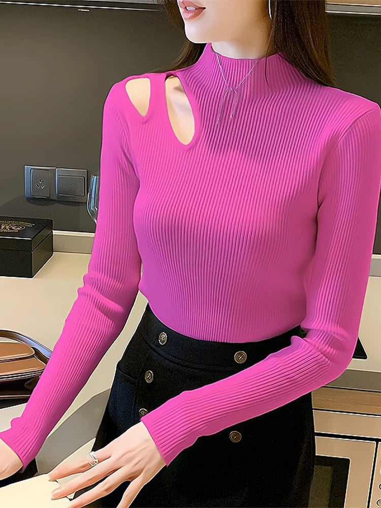 Knitted Sexy Hollow-out Turtleneck Women Sweaters Autumn Winter Jumper Tops Soft Warm Knitwears Female Pullovers Sweater Top Fuchsia One Size
