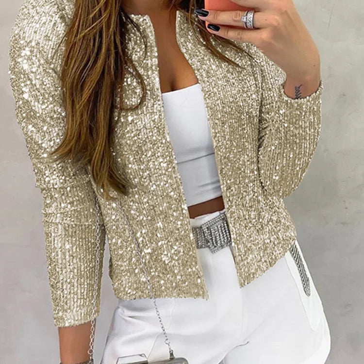 Women's Top Unique Party Jacket Long Sleeved Solid Color Brazilian Style Daily Glitter Jacket champagne