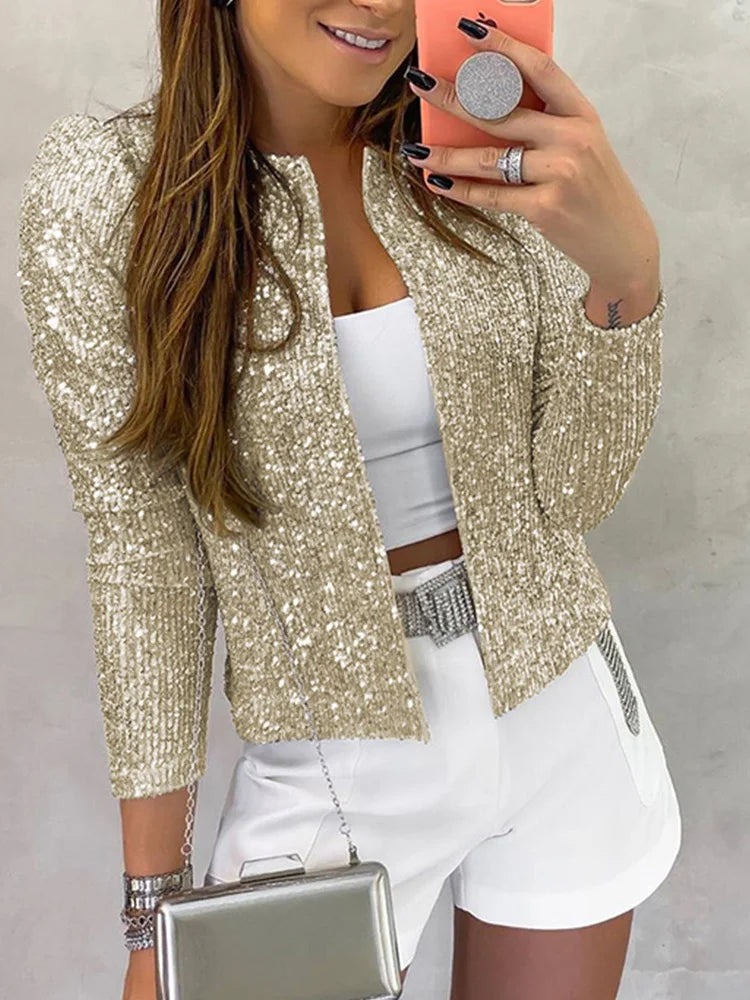 Women's Top Unique Party Jacket Long Sleeved Solid Color Brazilian Style Daily Glitter Jacket champagne