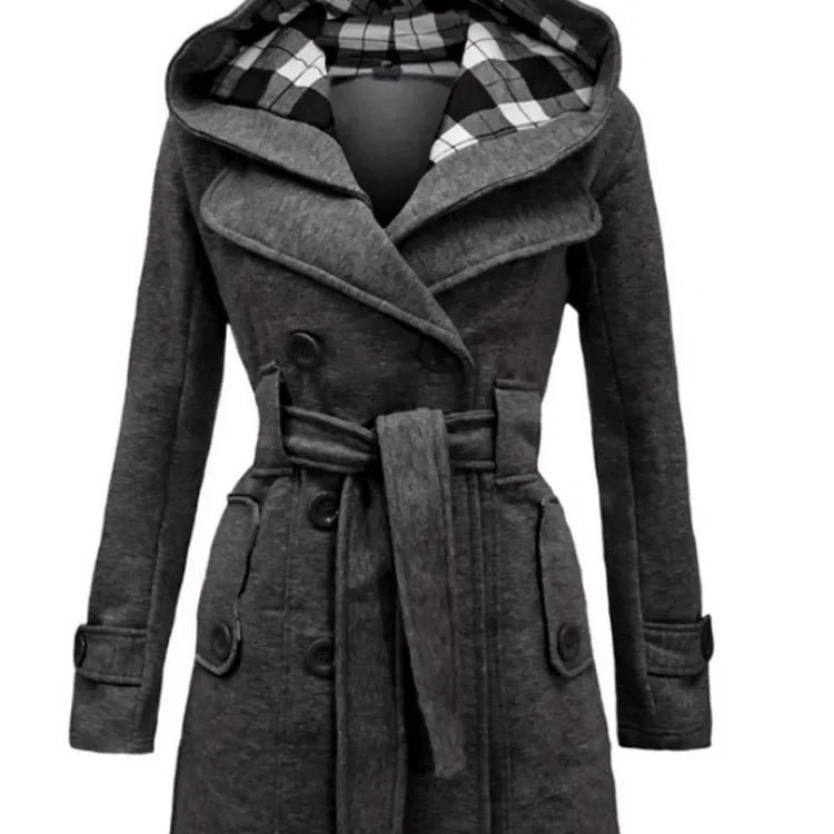 Vintage Woolen Coat Women Warm Fleece Jacket With Belts Double Breasted Solid Casual Jacket Winter Fashion Ladies Plus Size Dark gray