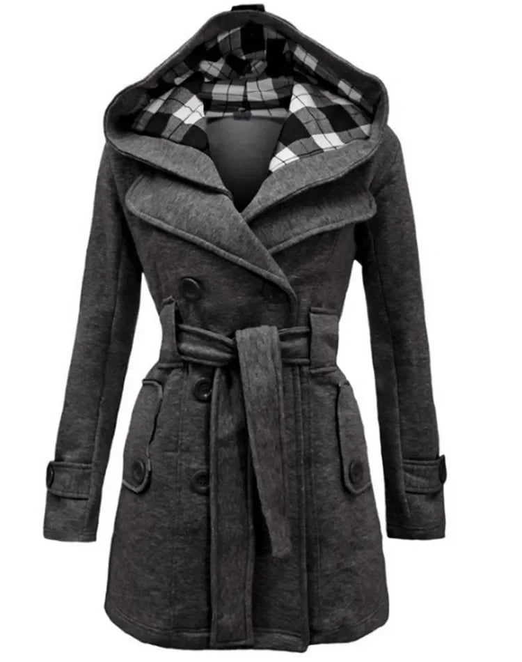 Vintage Woolen Coat Women Warm Fleece Jacket With Belts Double Breasted Solid Casual Jacket Winter Fashion Ladies Plus Size Dark gray