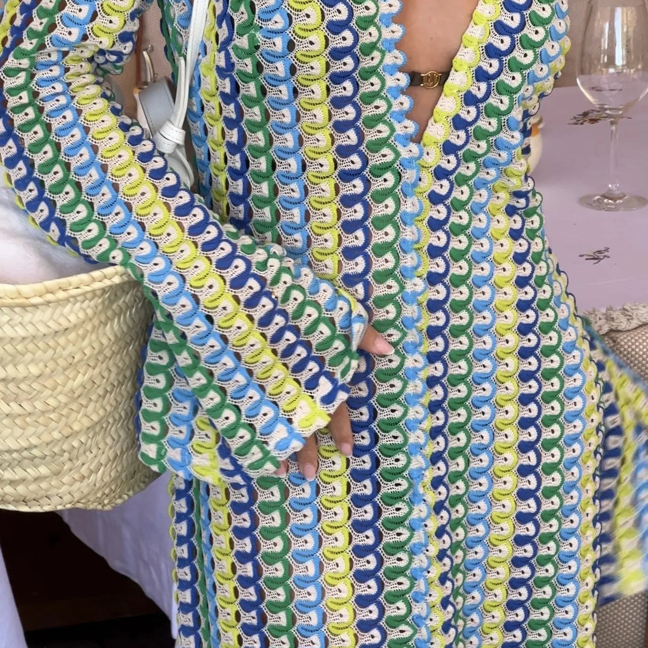 Crochet Colorful Stripe Maxi Dress Women Flare Sleeve V-neck High Split Sexy Long Dresses New Autumn Beach Banquet Vestidos