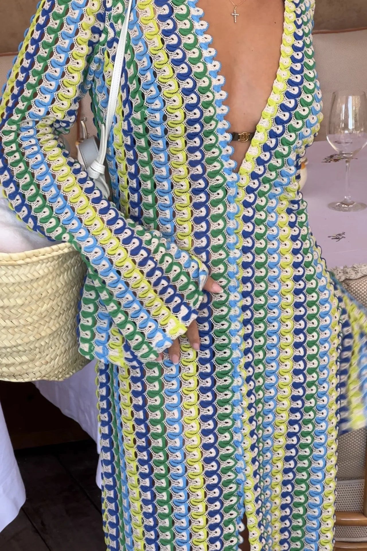 Crochet Colorful Stripe Maxi Dress Women Flare Sleeve V-neck High Split Sexy Long Dresses New Autumn Beach Banquet Vestidos