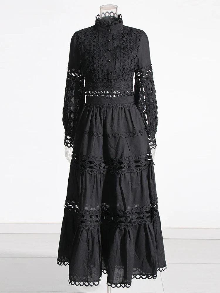 TWOTWINSTYLE Elegant Two Piece Sets For Women Stand Collar Lantern Sleeve Tops High Waist Skirt Hollow Out Set Female Clothing BLACK