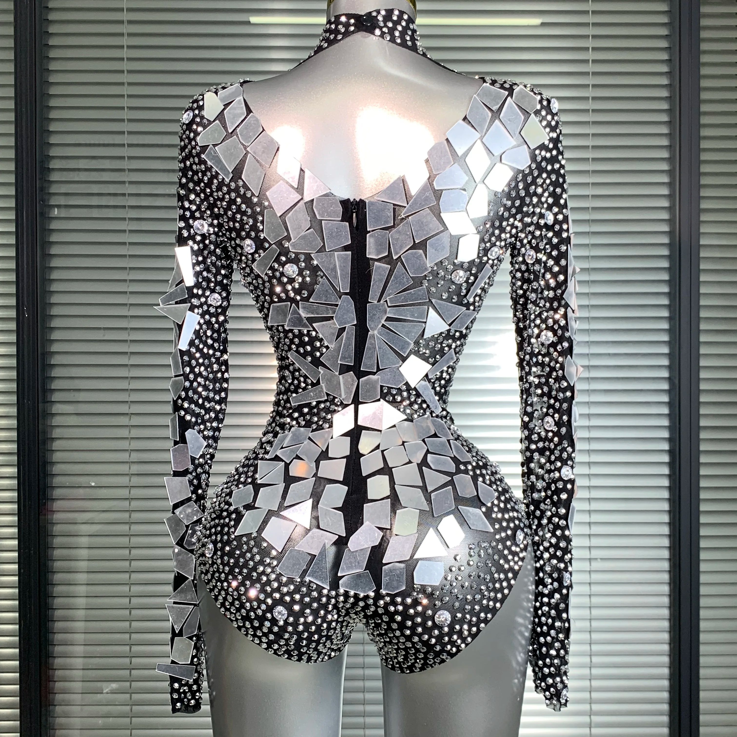 INS New Women Sexy Mesh Rhinestone Mirror Sexy Night Club Bodysuit One Piece Designer Dancer Singer Costume Party Bodysuit