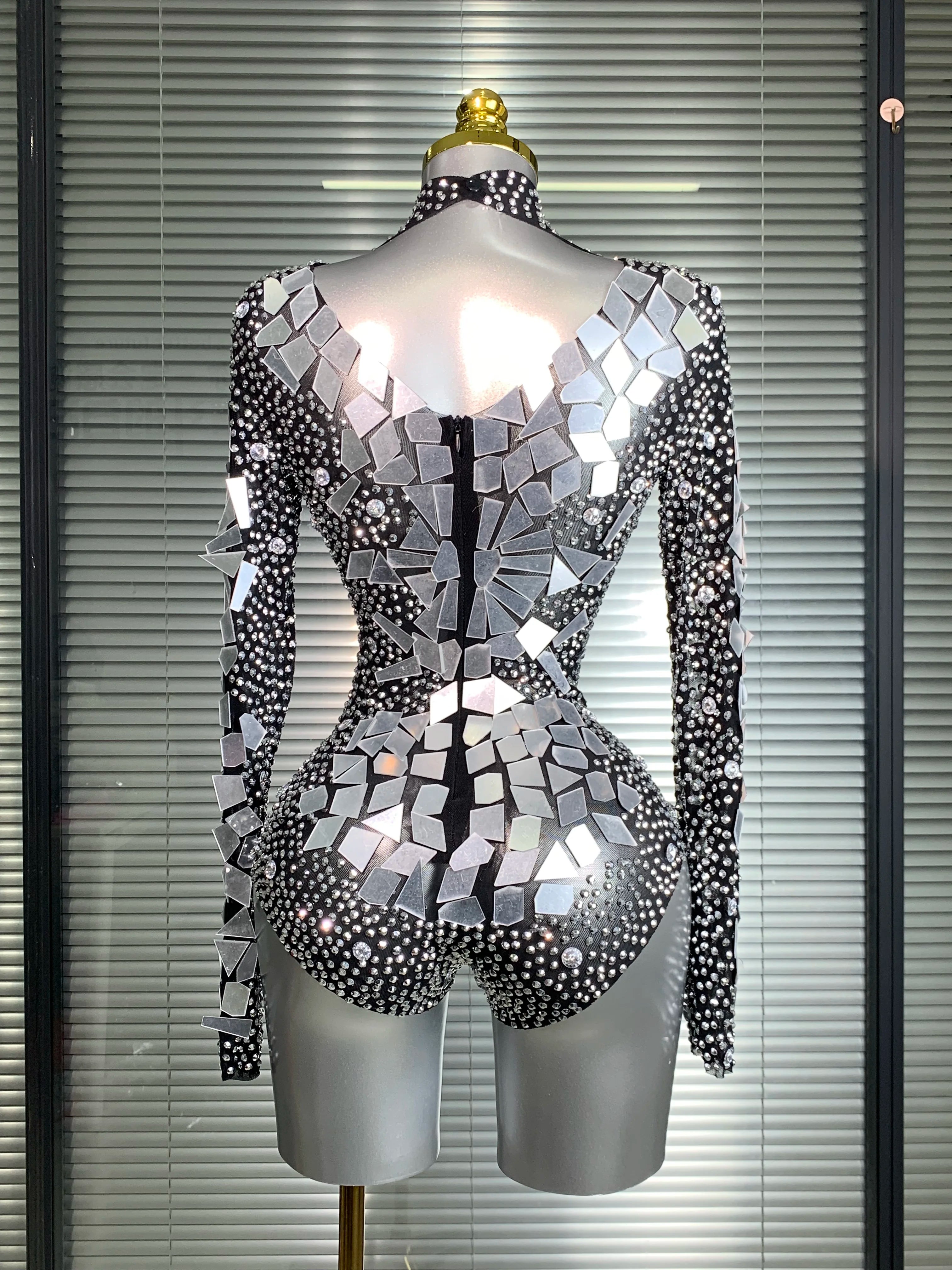INS New Women Sexy Mesh Rhinestone Mirror Sexy Night Club Bodysuit One Piece Designer Dancer Singer Costume Party Bodysuit