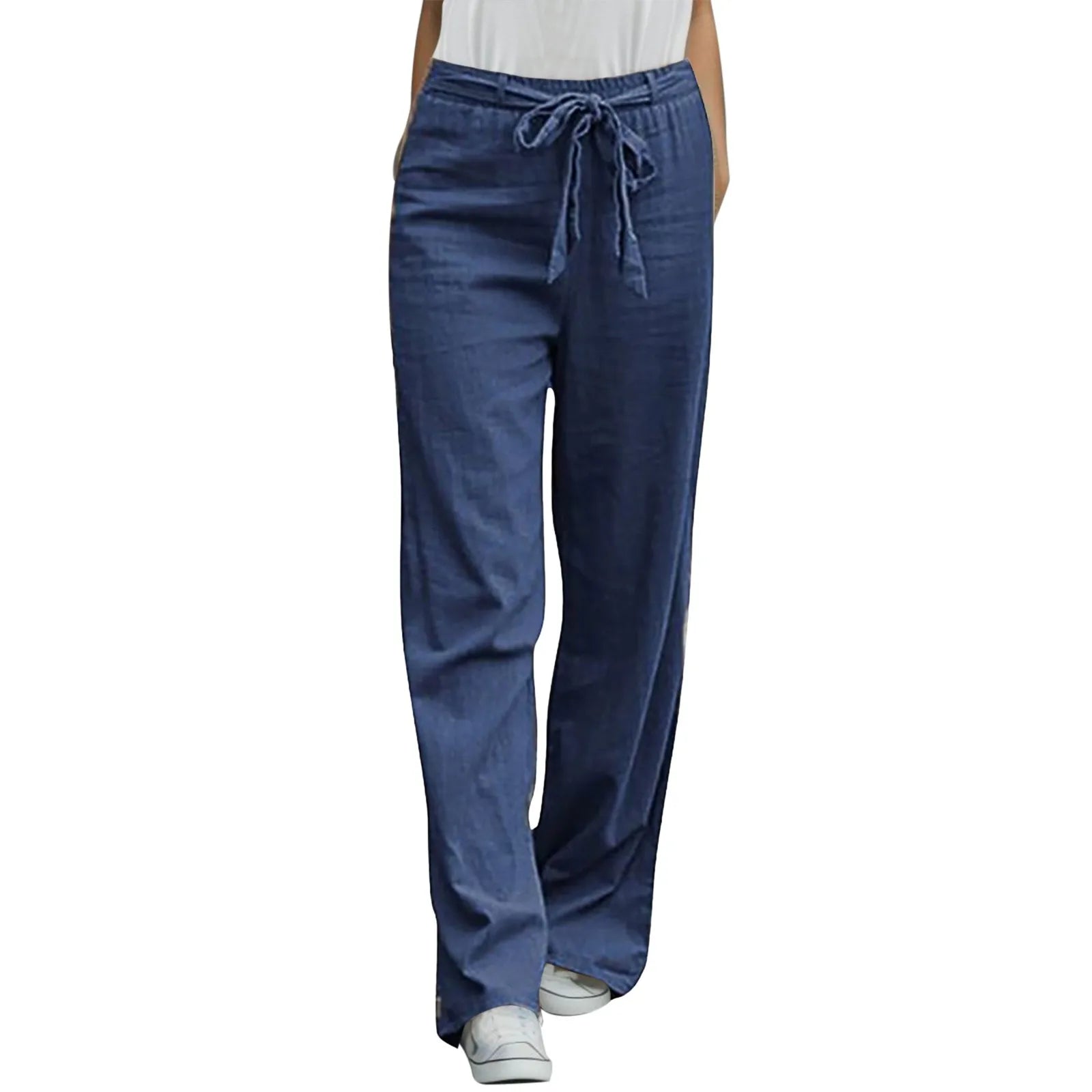 Casual Straight Pants Solid Drawstring Waist Sashes Trousers Loose Oversize Fashion Pants Women Long Pant Woman Clothing Blue