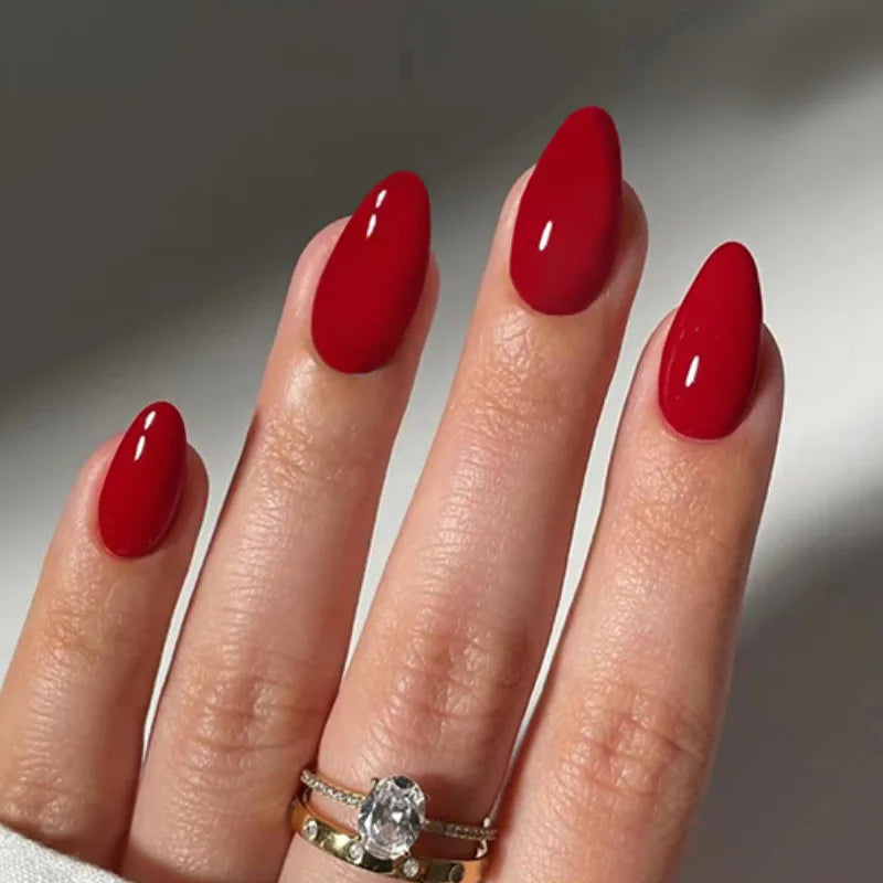 Unhas postiças simples vermelho vinho com cola, comprimento médio, amêndoa, unhas postiças, vestíveis, cabeça redonda, oval, cobertura total