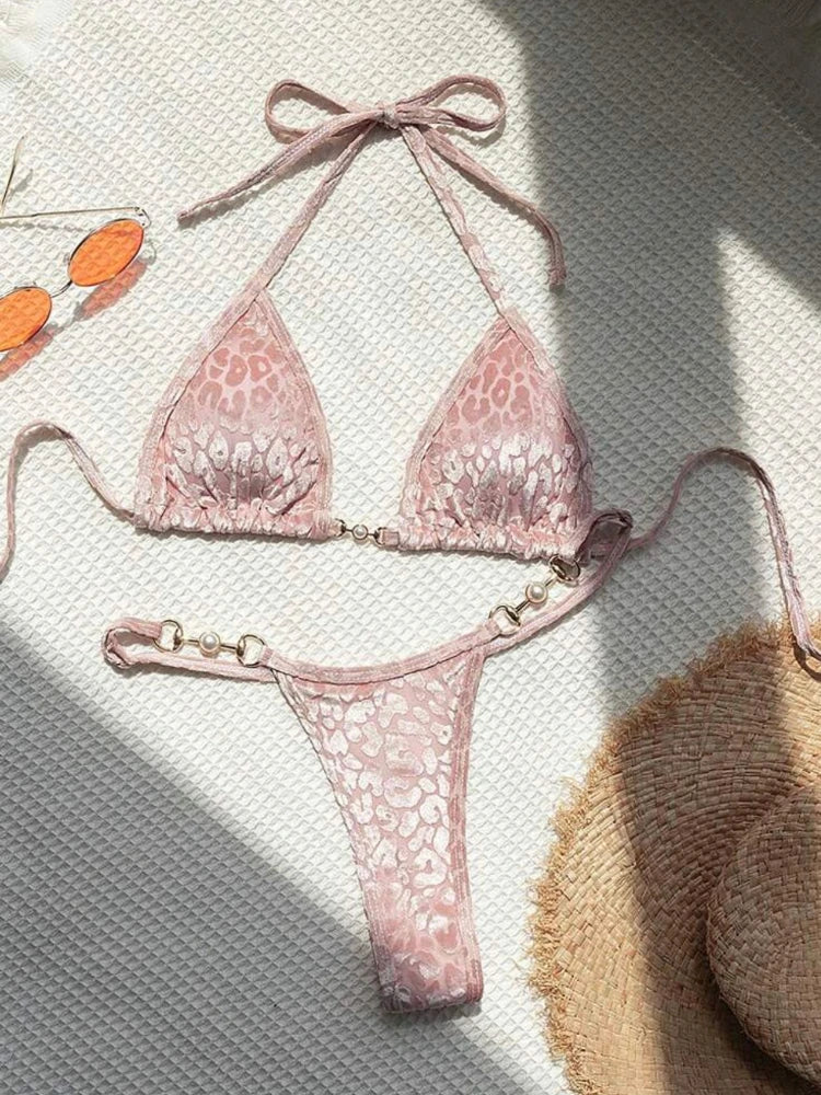 Sexy Leopard Print Glossy Bikini Women's 2-piece Thong Swimwear Suspender Lace-up Low Waist Backless Bathing Suit Beachwear Pink