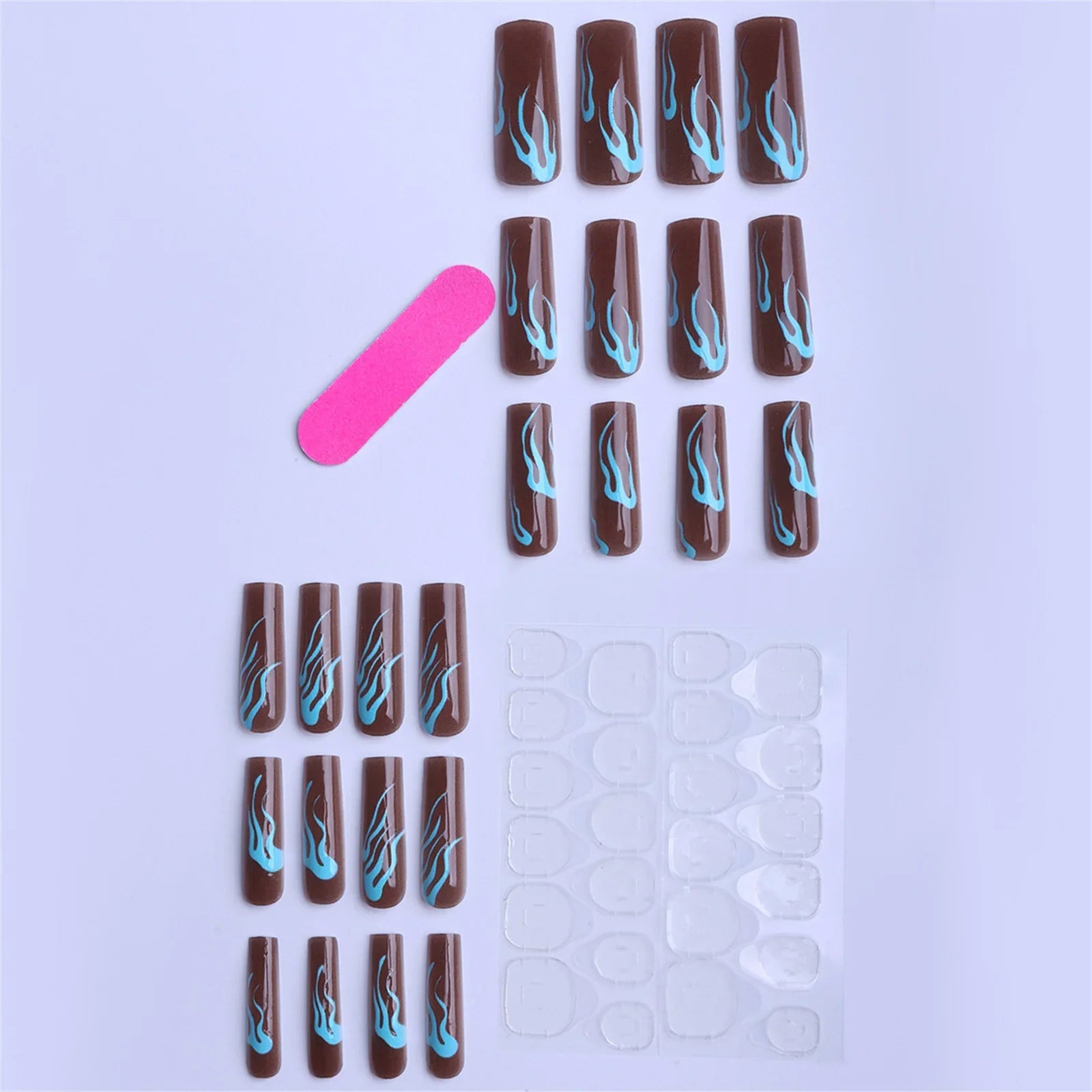 Autumn Coffee Long Coffin False Nails with Blue Flame Pattern Acrylic Press On Nails Full Cover Stick-on Fake Nails 24Pcs