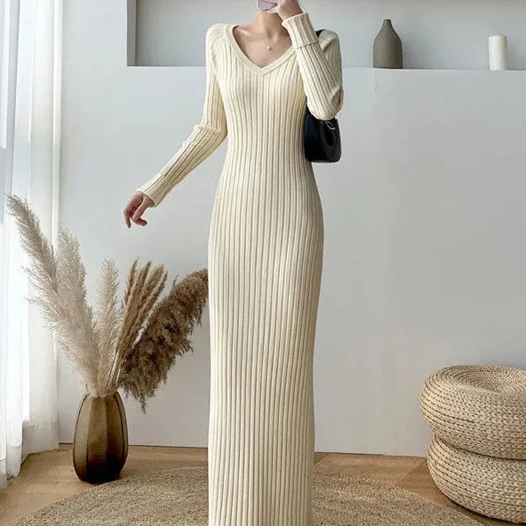 Zoki Elegant Solid Women Knitted Dress Simple Korean Slim Long Sleeve Ankle Length Dress Casual V Neck Office Ladies Chic Dress Apricot
