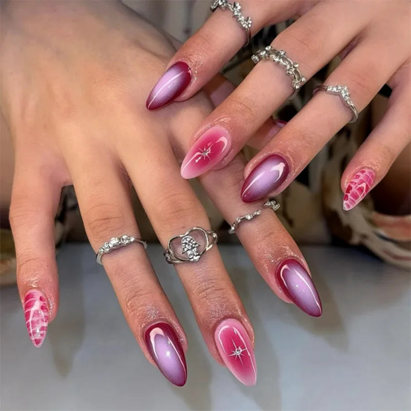 24pcs Black Cat's Eye Press on Nails Finished Ins Wearable False Nail Sets Love Design Stick on Nails Stilettos Fake Nail Tips