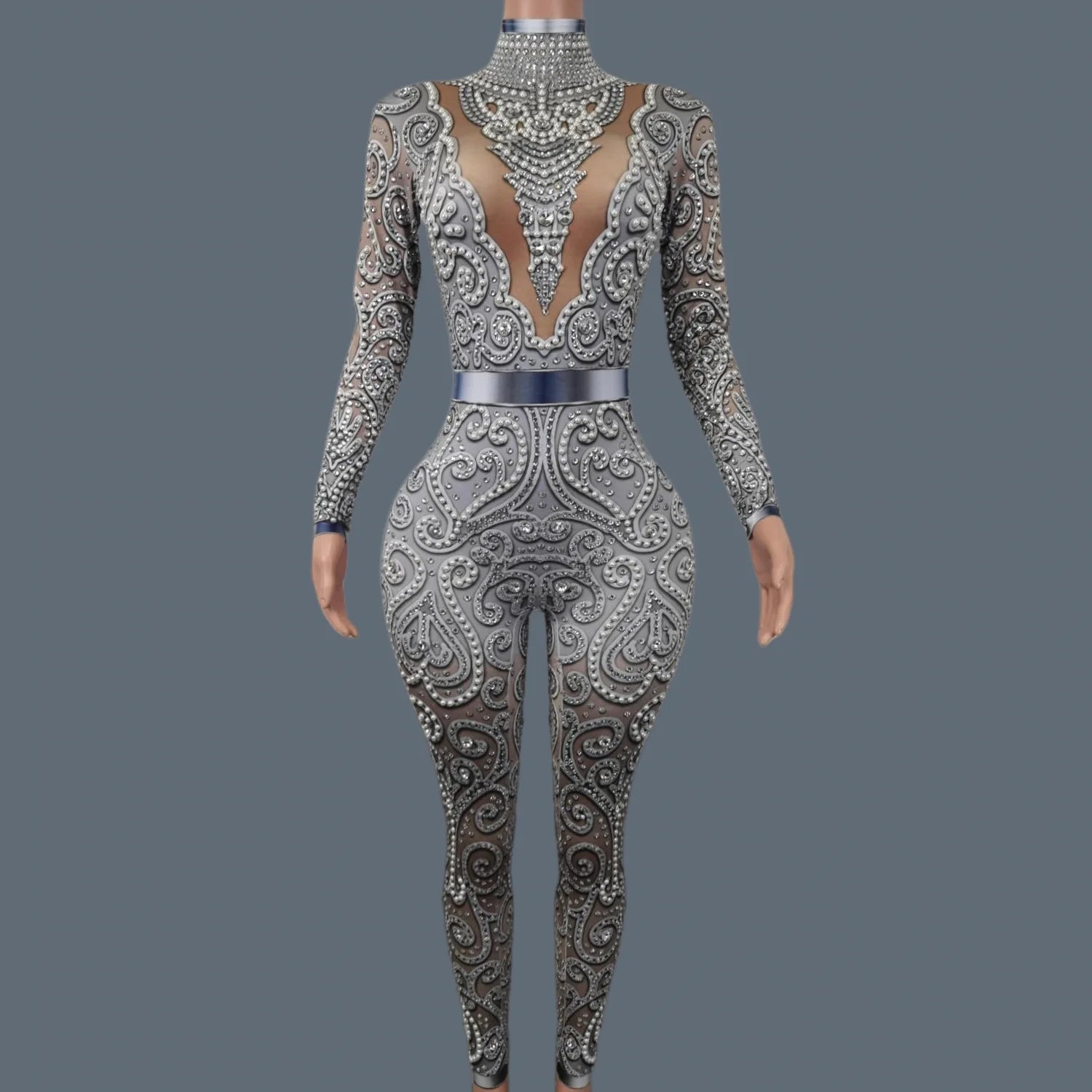 Classic Rhinestones Pearls Spandex Jumpsuit Women Nightclub Party Elastic Sexy Bodysuit Showgirl Performance Stage Wear Quanquan