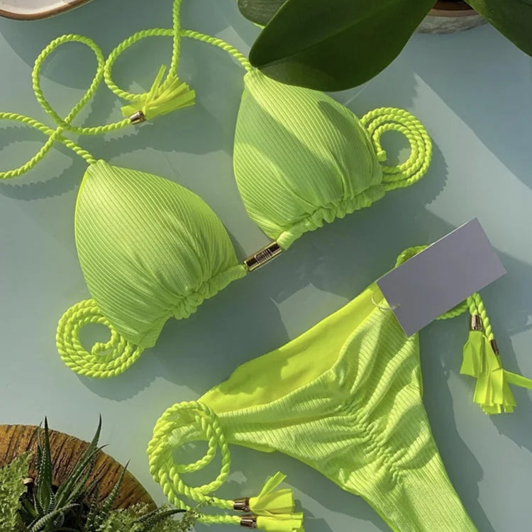 New Women Bikini Backless Rope Triangle Swimsuit Multicolor 8256