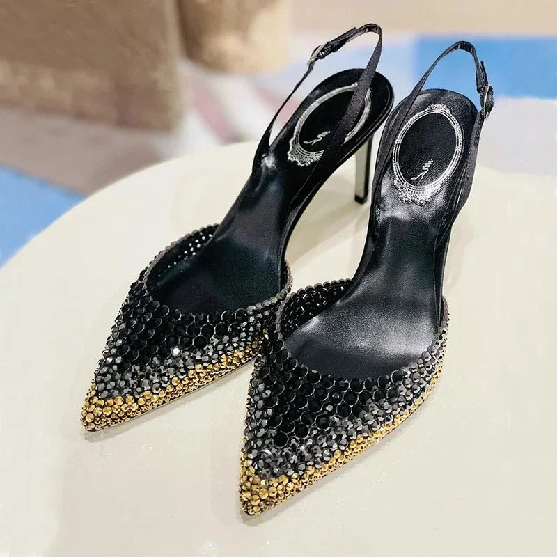 Sandálias Baotou com strass e salto alto em degradê, moda feminina, sandálias deslumbrantes para vestido formal, sapatos de banquete