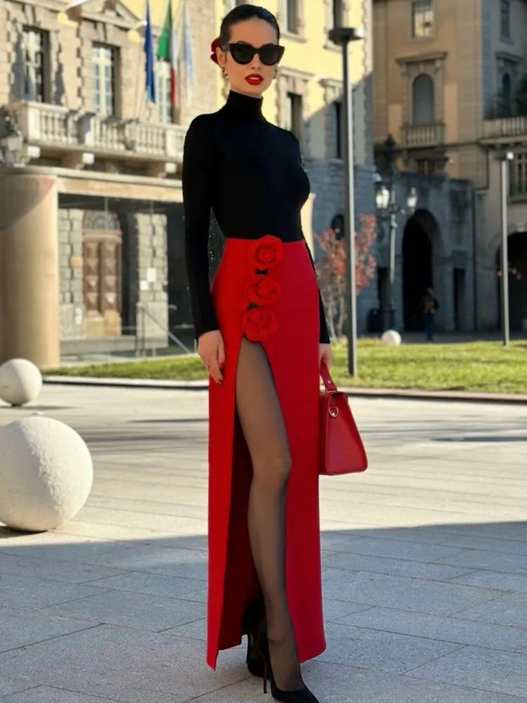 Saia bandagem justa feminina de verão, preta, vermelha, com flores, designer, cintura alta, para festa, escritório, elegante, saia dividida