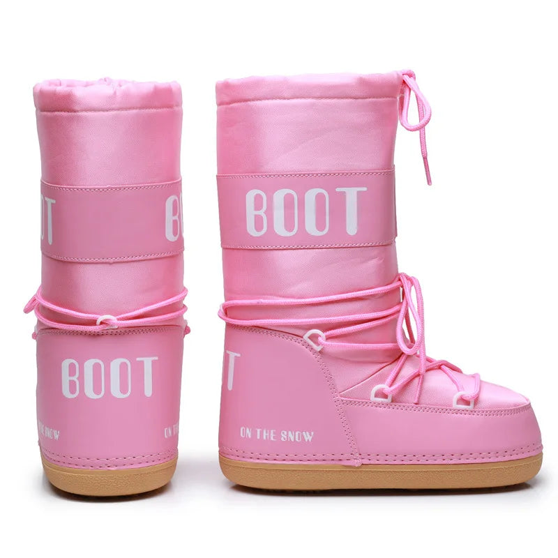 Winter Snow Boots Women Brand Design Lace-up Platform Mid-calf Waterproof Ski Boots Female Pink Black White Cotton Boots