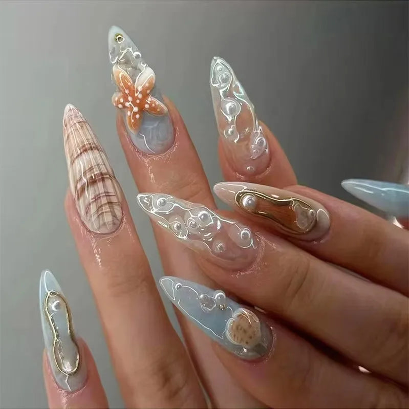 24pcs Blue Ocean Fake Nails Beach Shells Pearl Diamond Design False Nail Tips Korean Sweet Girls Wearable Almond Press on Nails