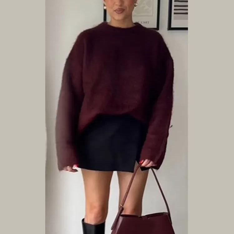 Sweater Women Knitted O Neck Solid Thicken Long Sleeve Pollover Sweaters Autumn Winter Casual Fashion Fluffy Commute Lady Fuchsia