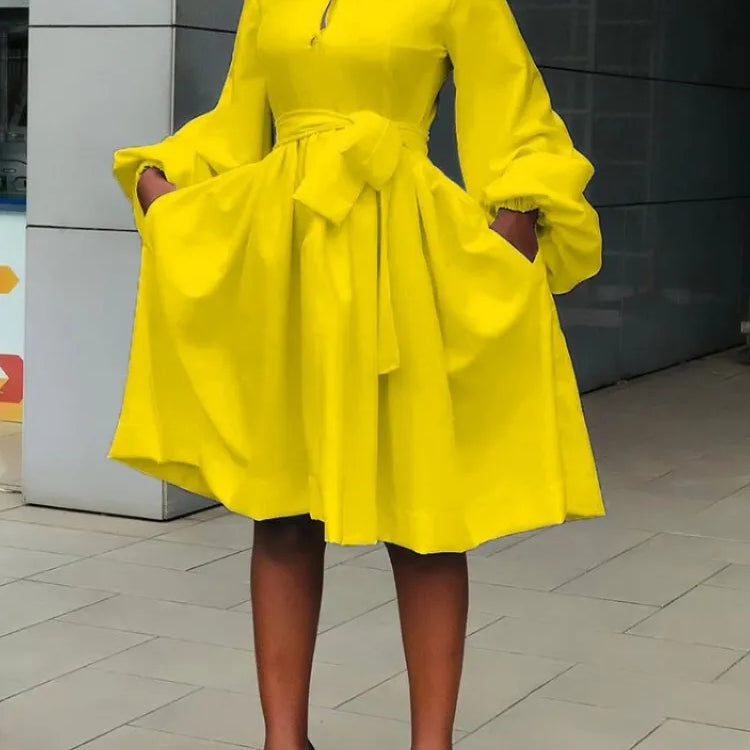 5XL Elegant Women White Yellow Dress Fashion Casual Solid Lantern Long Sleeve African Dress Office Ball Gown Vestidos Plus Size Yellow