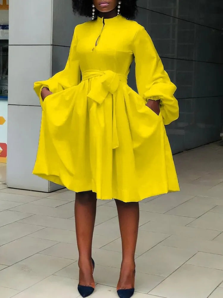 5XL Elegant Women White Yellow Dress Fashion Casual Solid Lantern Long Sleeve African Dress Office Ball Gown Vestidos Plus Size Yellow