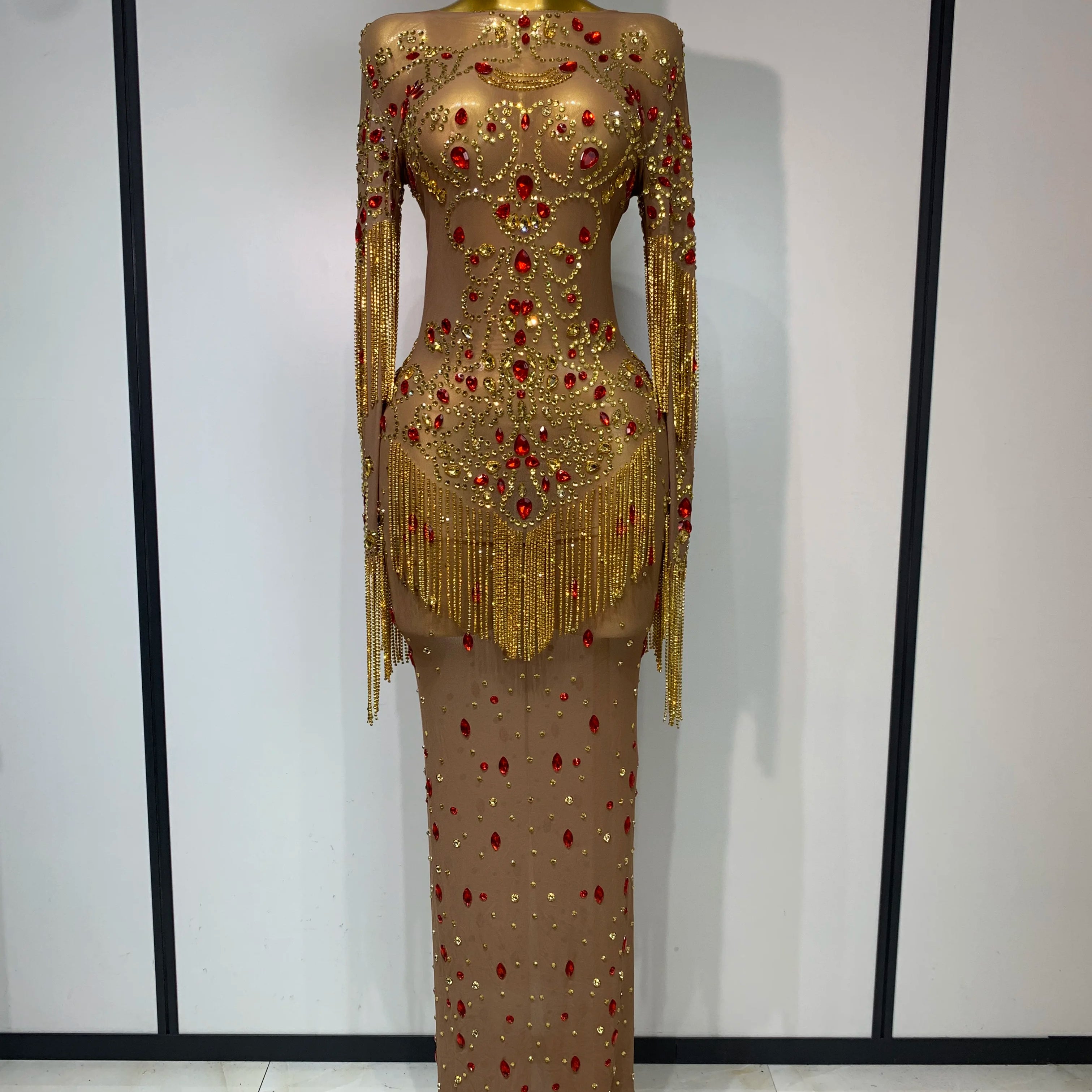 High Quality See Through Elastic Mesh Sparkly Rhinestone Stage Performan Costume Luxury Birthday Evening Party Wedding Dress