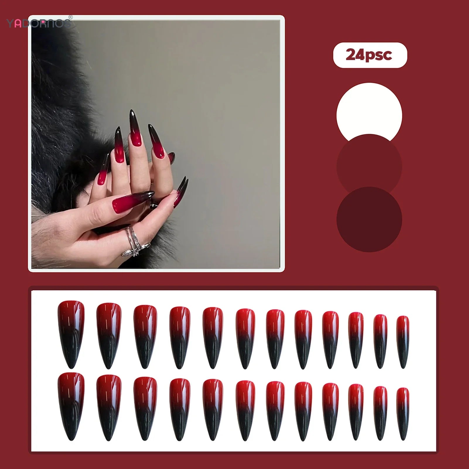 24Pcs Long Stiletto Fake Nails Gradient Red/Black Press On Nails Spicy Girls Charm Manicure Full Cover Stick-on Nail Extension