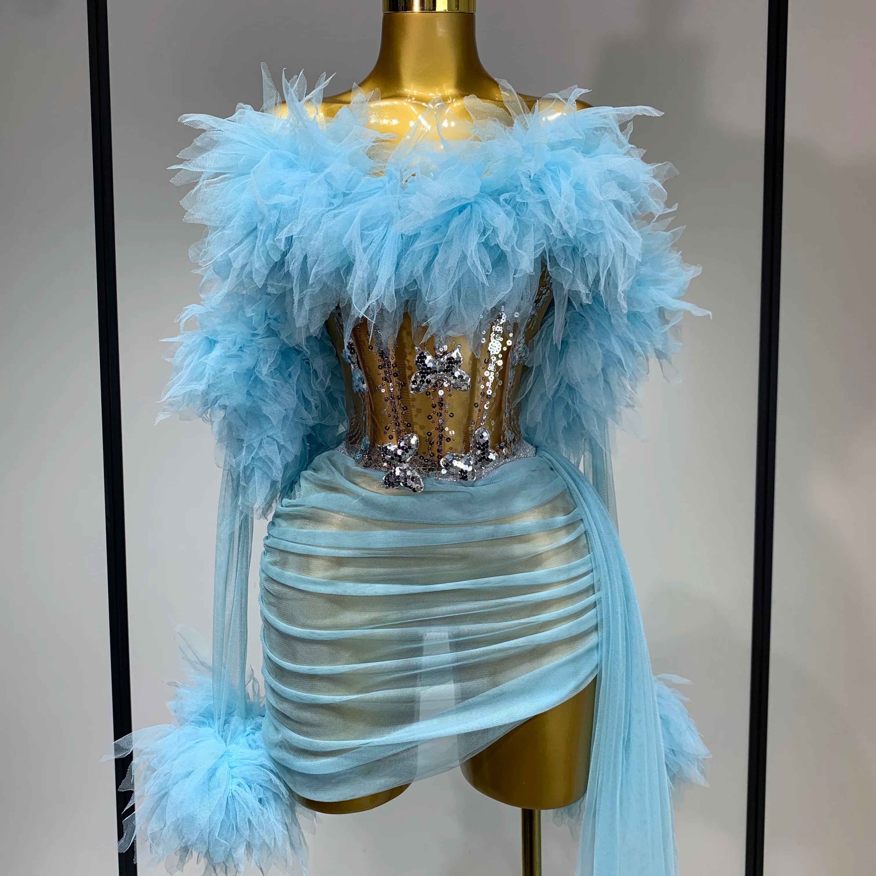 Women Sexy Backless Mesh Transparent Three Pieces Set Performance Dance Costume Nightclub Birthday Photo Shoot Stage Outfit