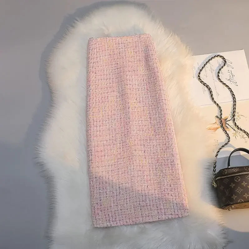 2023 Women's Autumn Winter Fashion Long High Waist Skirts Female Slim Casual A-line Skirts Ladies Plaid Tweed Skirts Y623 pink