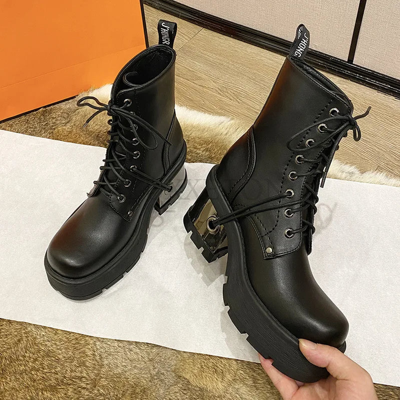 Fashion Women Boots Heavy Metal Platform and High Top Shoes for Women Punk Leather Goth Dark Biker Boots