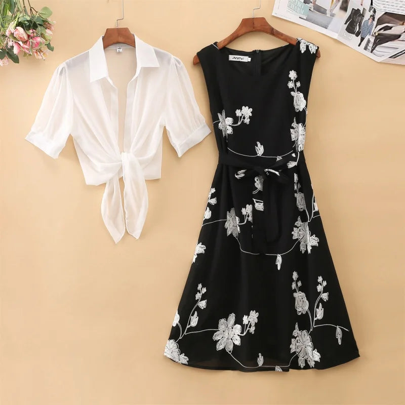 Elegant Suit Two-piece Dress High Waist Sleeveless Slim A-line Skirt Floral Embroidery White Top Bow Belt Vintage WOMEN