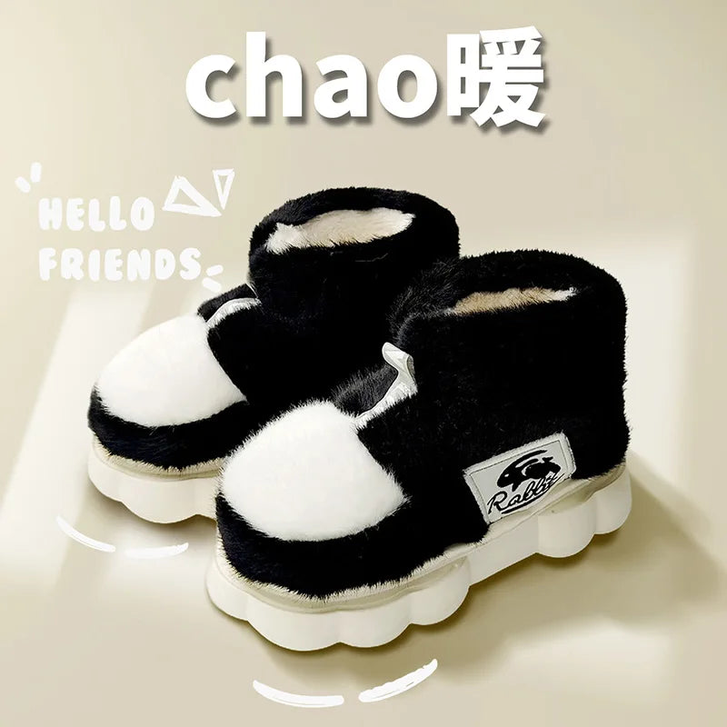 Women Warm Cotton Shoes Couples Winter Home Slippers Soft Plush Thick Sole Fluffy Footwear Female Male Indoor Street Snow Boots black