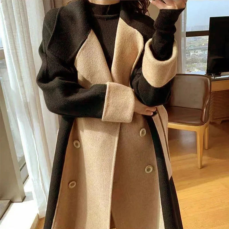 Vintage Woolen Patchwork Trench Coat Women Elegant Korean Oversize Long Jacket Autumn Winter Double Breasted Office Lady Outwear