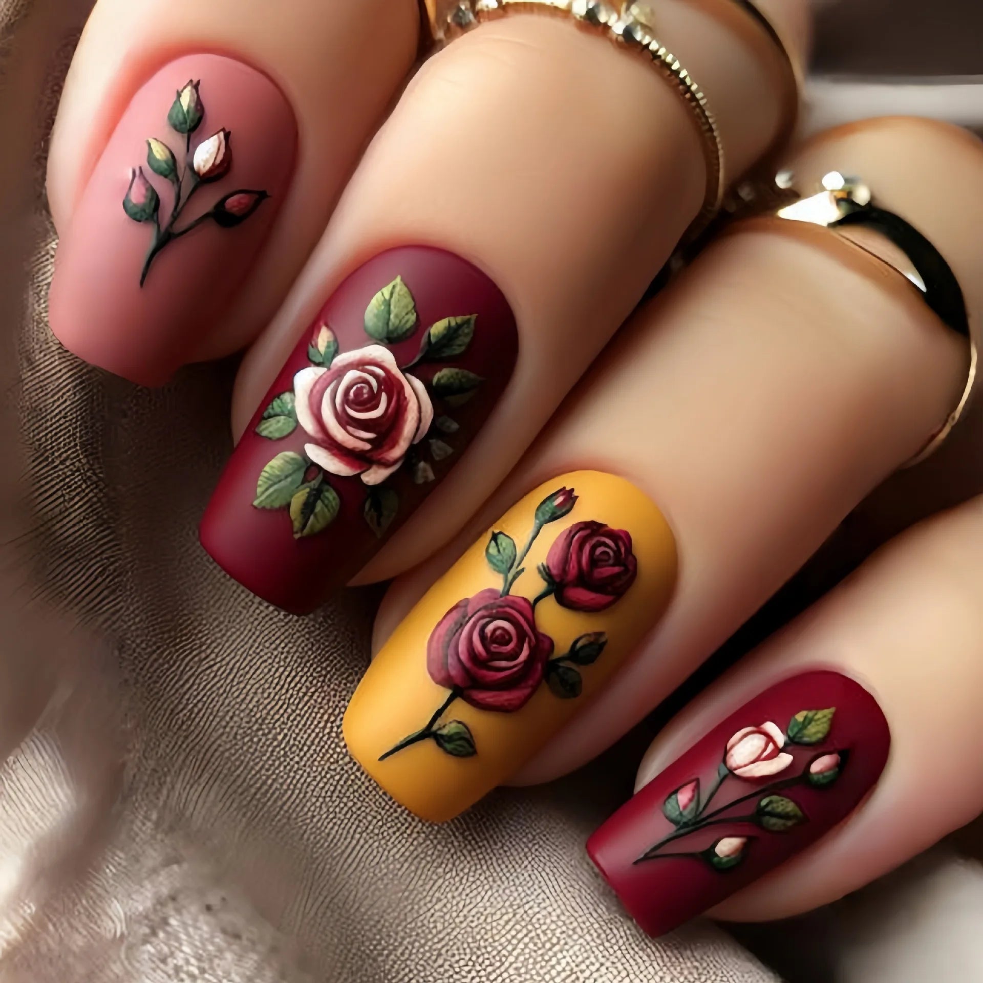 24pcs Short Square Fake Nails Acrylic Vivid False Nails Ladybug Butterfly Flower Press on Nails Garden Plants Nail Art Ballet