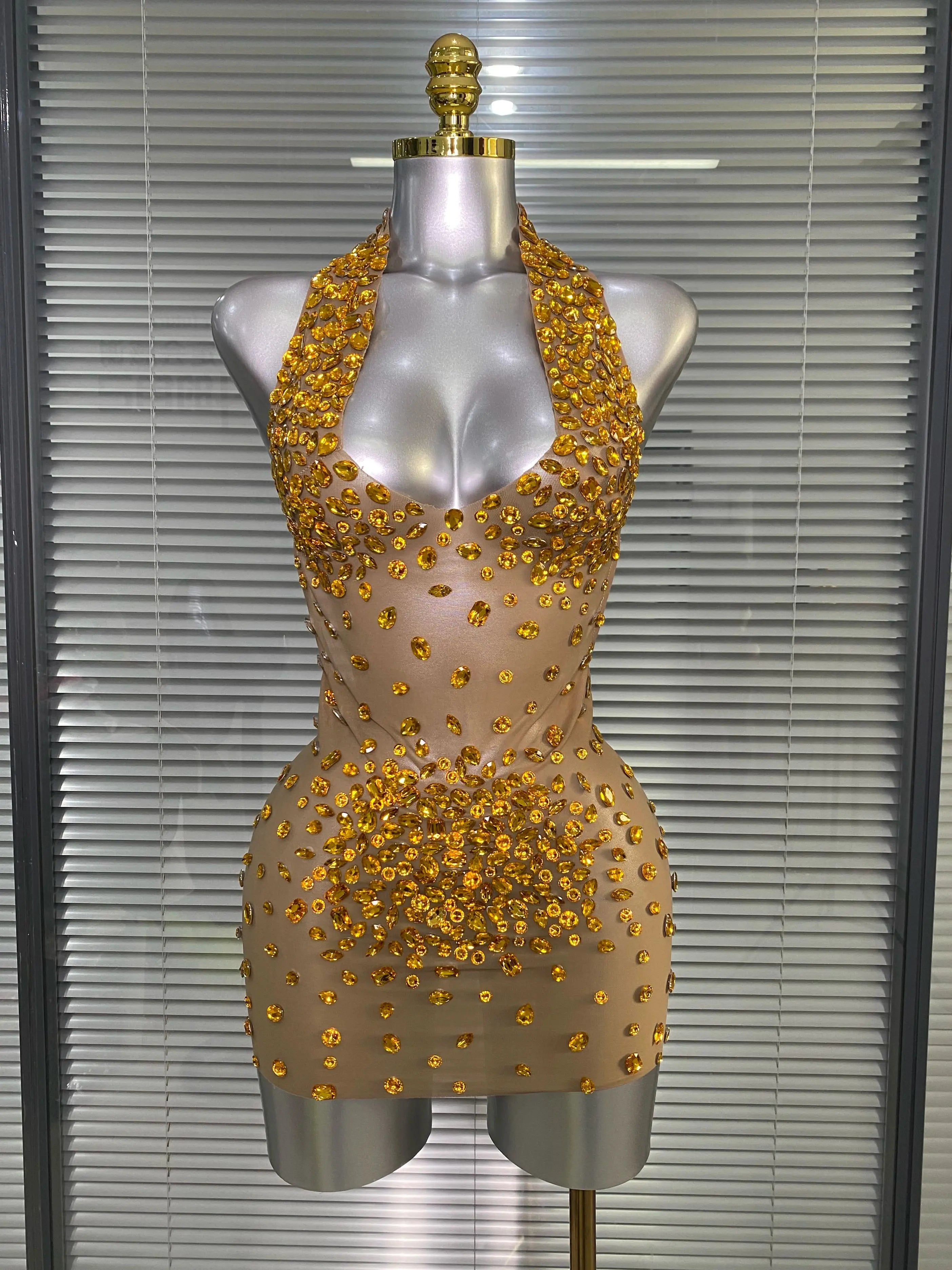 Celebrity New Women Sexy Transparent Mesh Backless Gold Black Costume Stage Dancer Singer Night Club Mini Party Dress