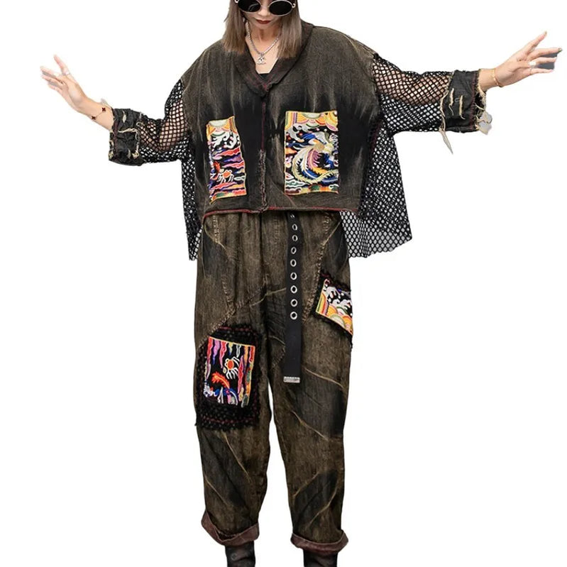 Spring Summer New Embroidered Patchwork Mesh Denim Short Sleeved T-shirt + Harem Pants Two-piece Set Women LX253