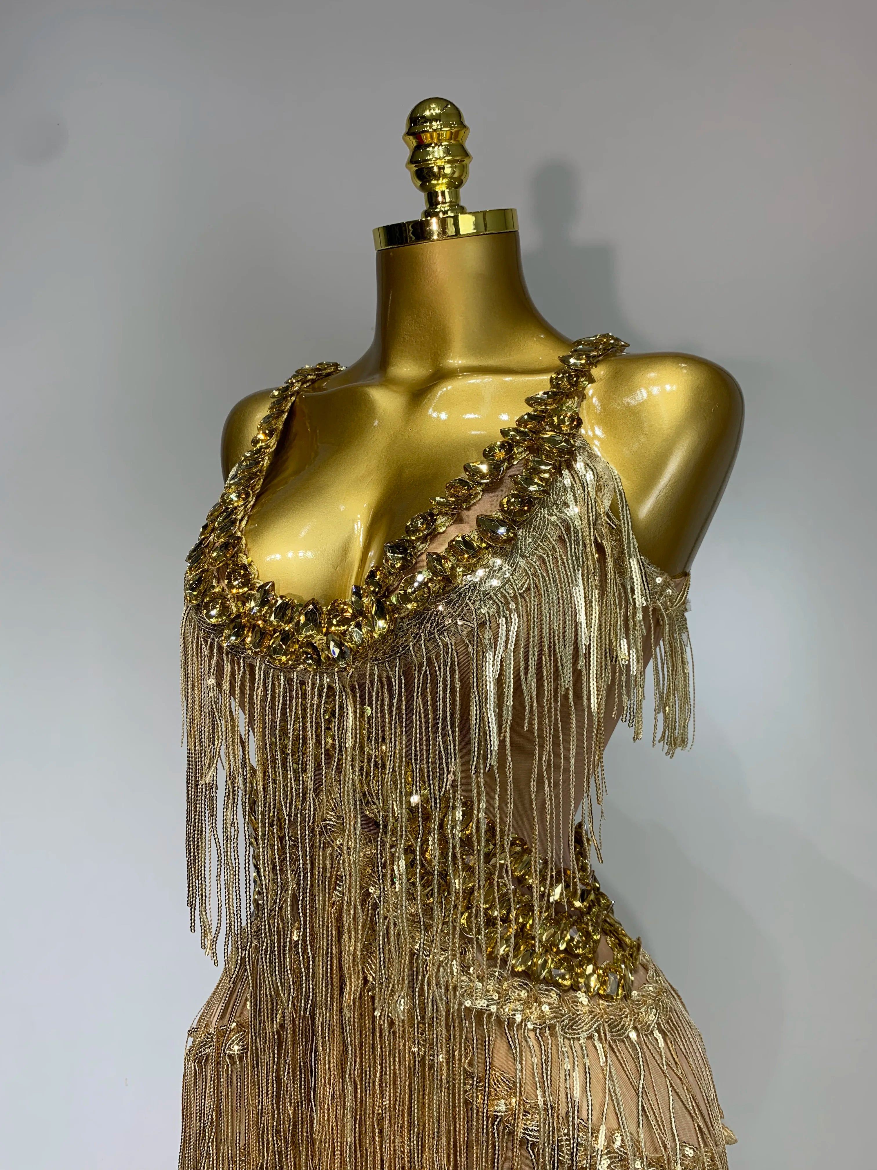 Women Sparkly Glod Rhinestones Sequined Fringe jumpsuit Sexy Nightclub Party Birthday Outfit Show Singer Stage Perform Costume