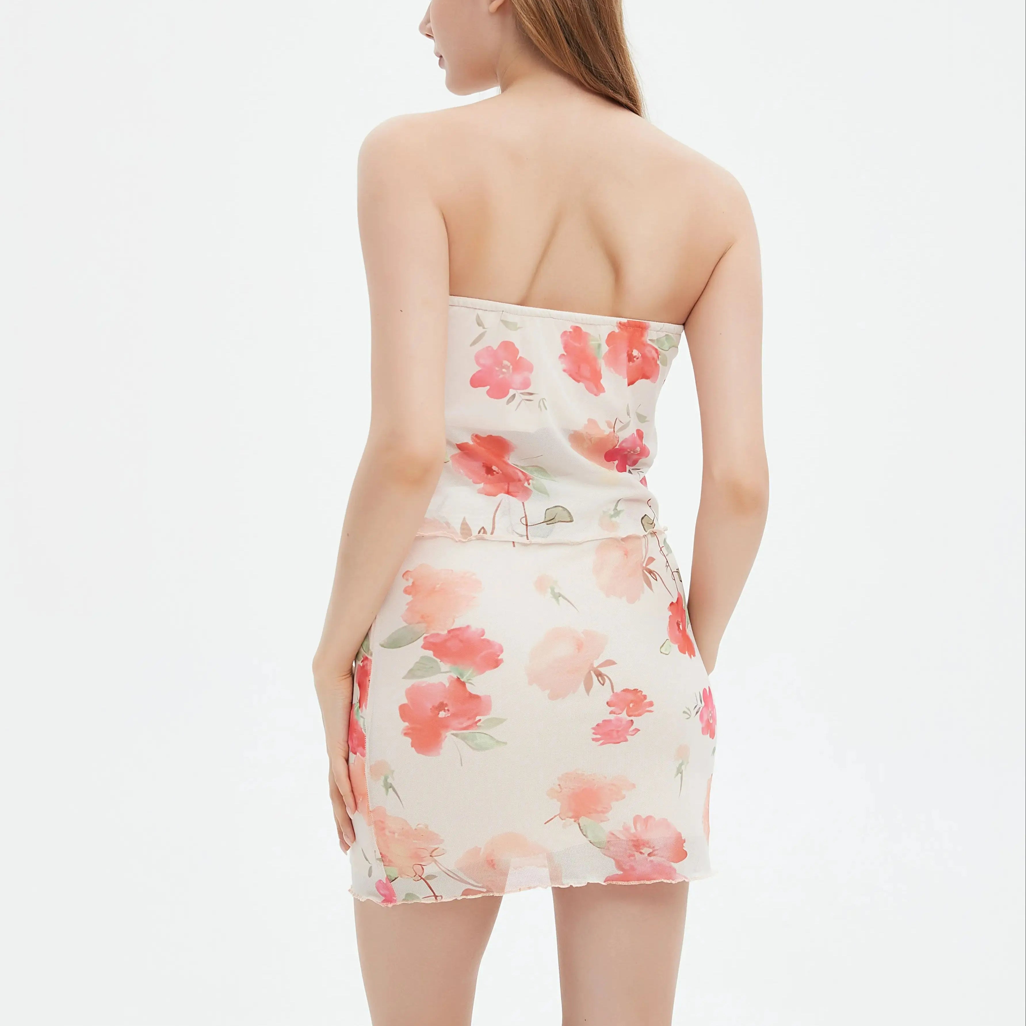 Spring Summer Women's 2 Pieces Mesh Sheer Floral Top-Skirt Set Vacation Wear Breasted Suits Casual Beachwear