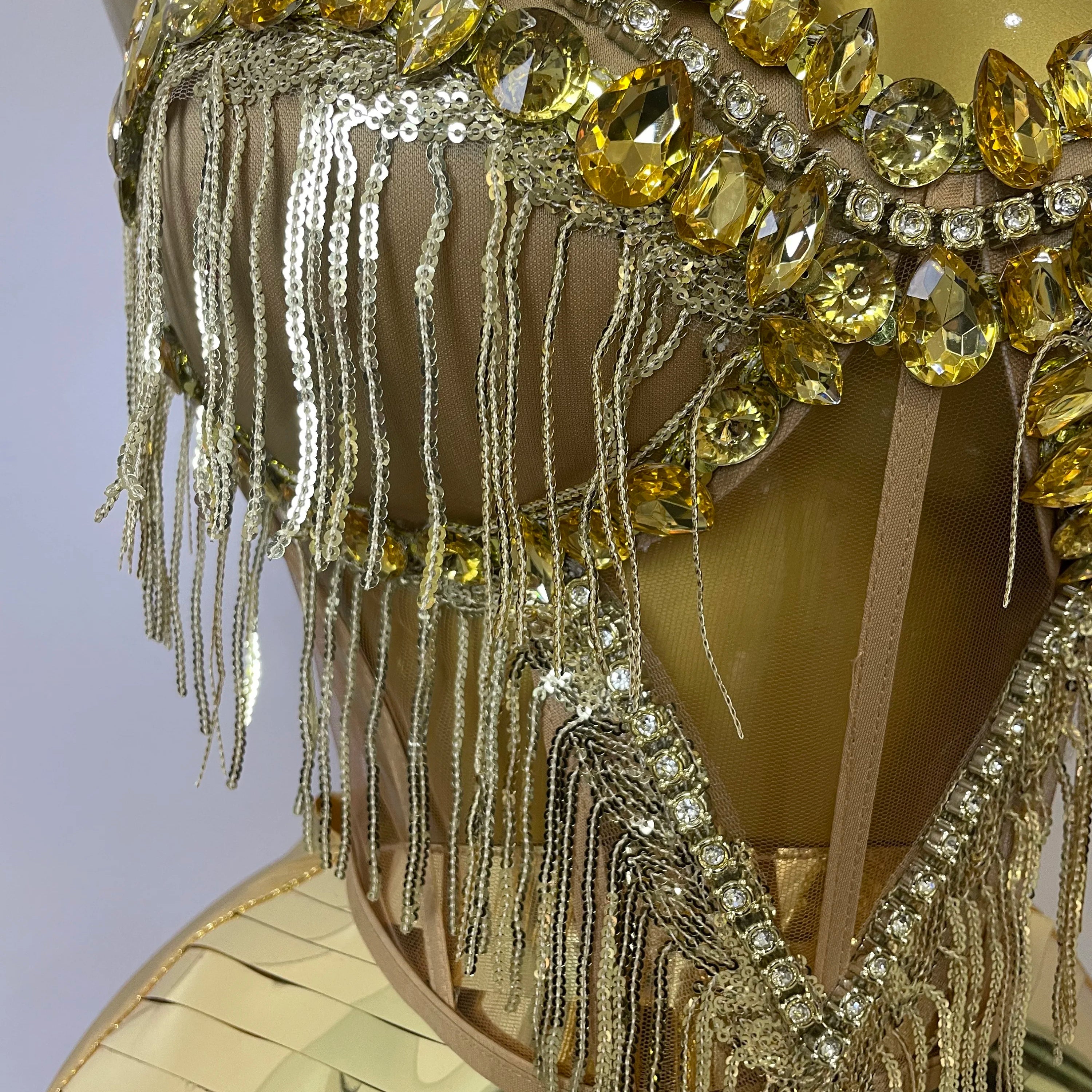 Sparkly Gold Rhinstones tassels Top Skirt Two-piec Set 2025 Women Sexy Strapless Designer Nightclub Evening Party Stage Outfit