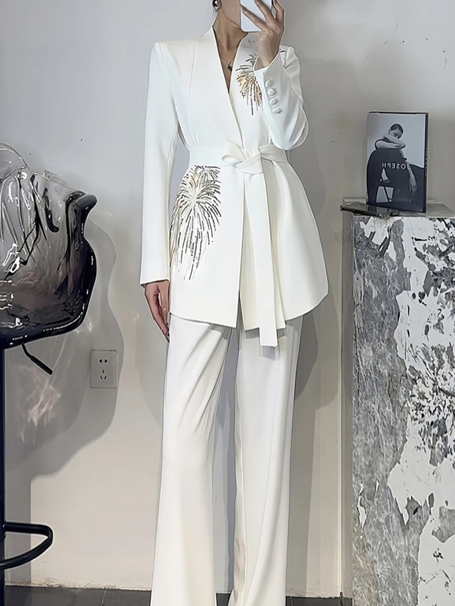 TWOTWINSTYLE Solid Slimming Two Piece Sets for Women V Neck Long Sleeves Patchwork Sequins Top High Waist Pant Fashionset Female