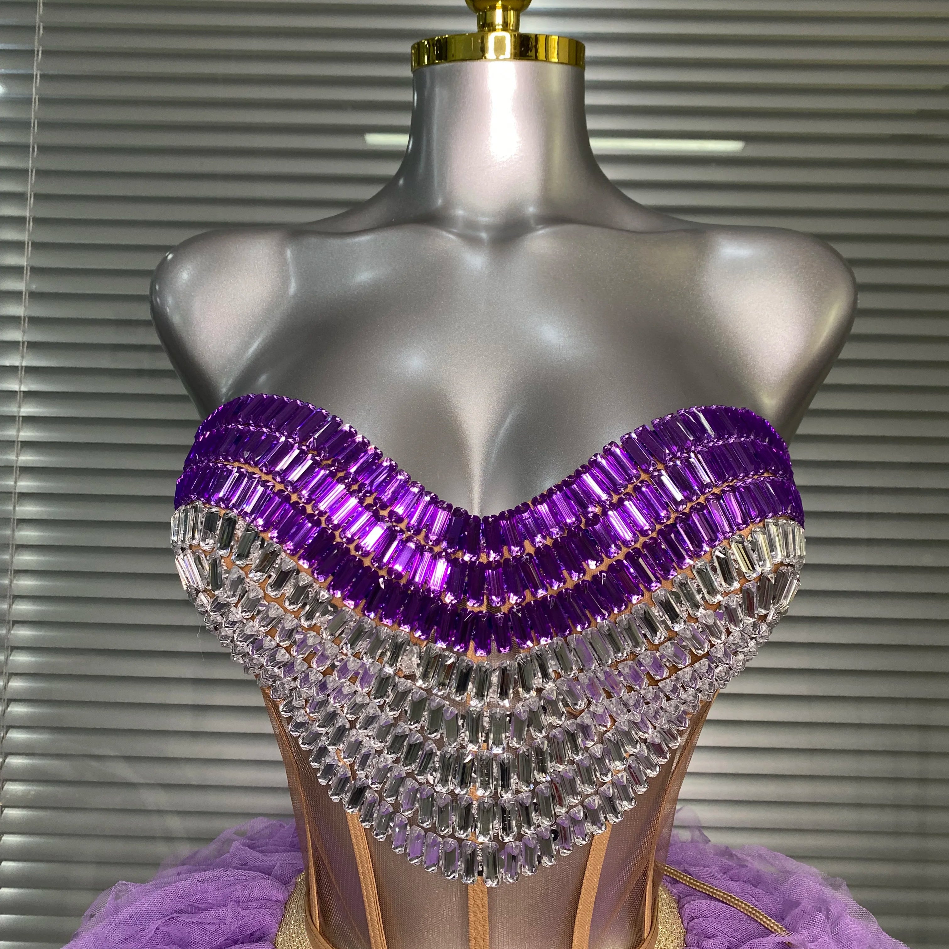 Luxury Sparkly Rhinestone Women Sexy Strapless Short Backless Dress Birthday Party Nightclub Outfit Dancer Performance Costume