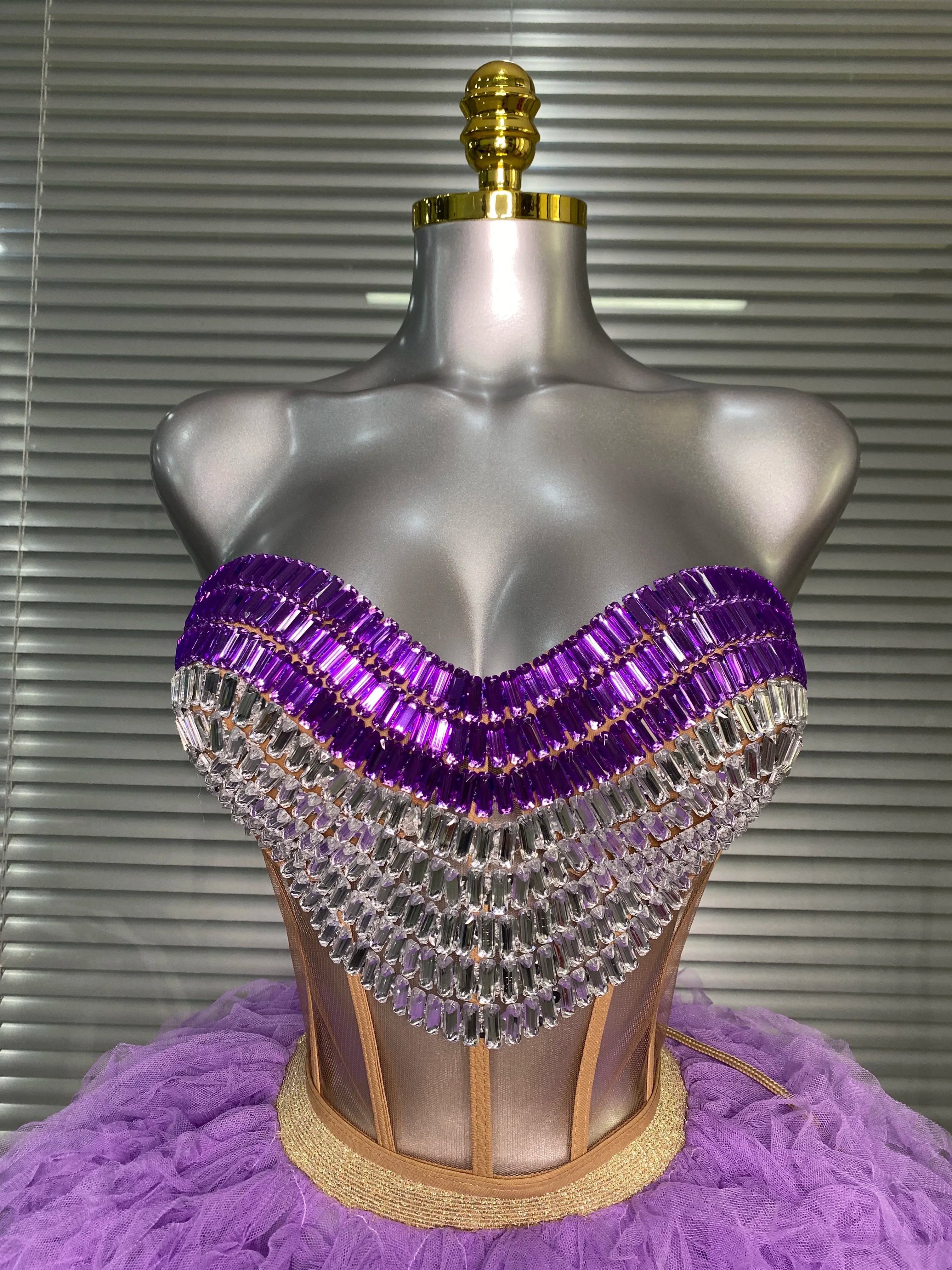 Luxury Sparkly Rhinestone Women Sexy Strapless Short Backless Dress Birthday Party Nightclub Outfit Dancer Performance Costume