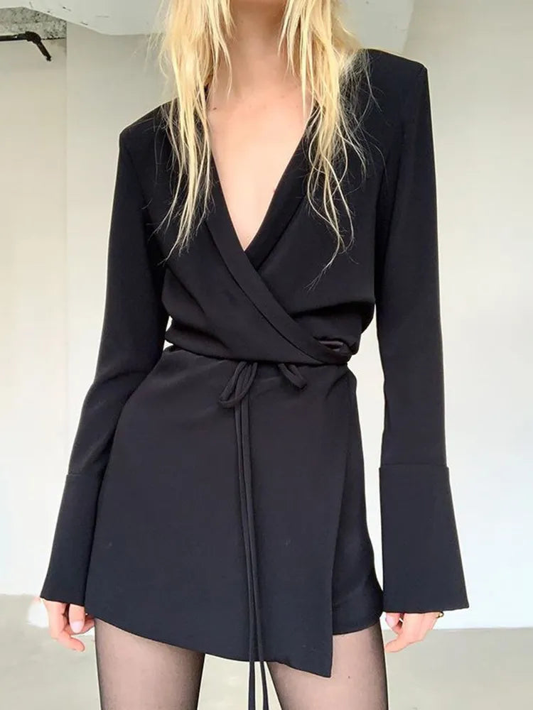 Julissa Mo Black Satin V-Neck Shirt Dress Women Spring Flare Sleeve Lace Up Mini Dresses Elegant Ladies Party Vestidos