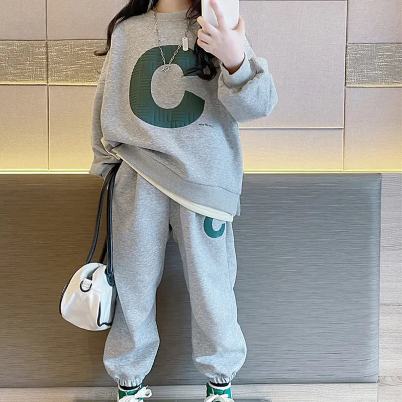 Autumn Girls' Spring Wear Sweater Set Medium and Big Children's Leisure Clothing Suit Girls' Fashion Kids Sports Set CZ3519 Grey